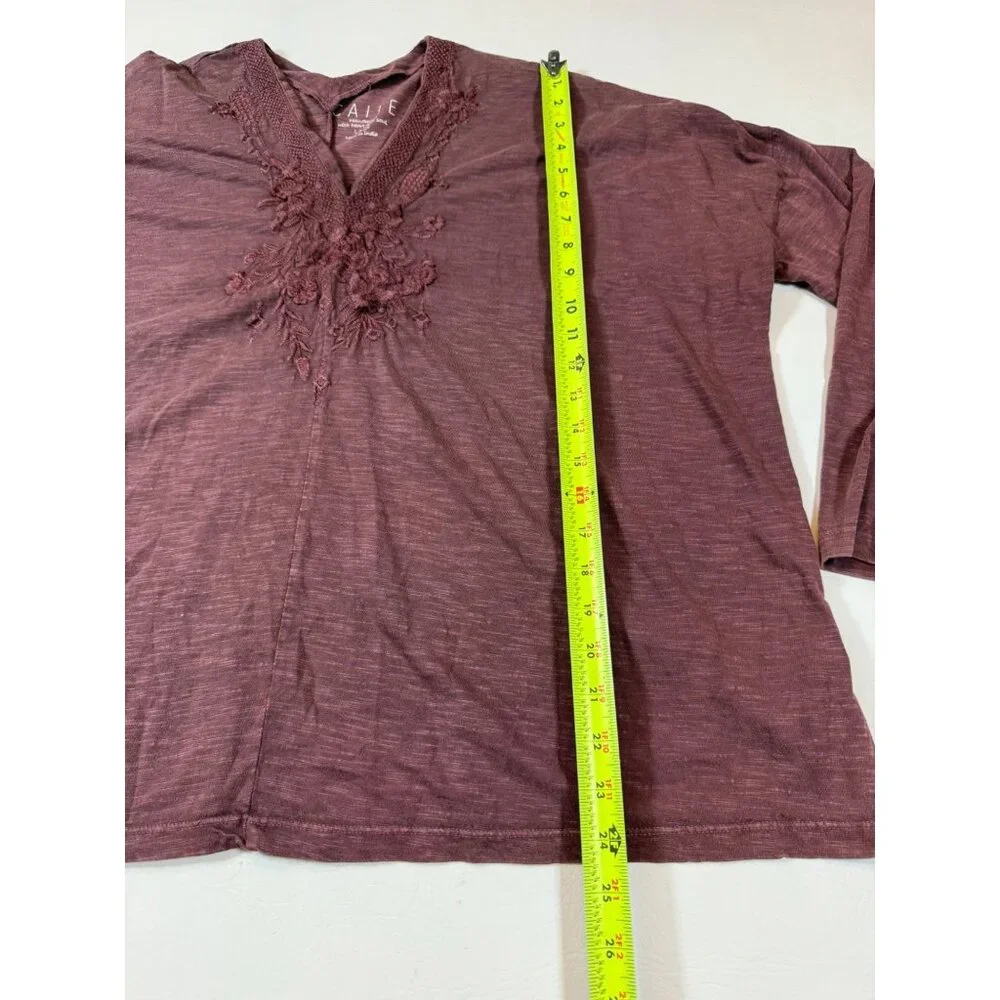 Caite Boho Style Burgundy Embroidered Long Sleeve Top 100% Cotton L (bin ii95) - Picture 7 of 8